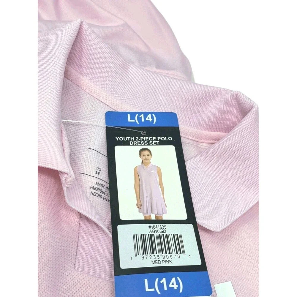 adidas Youth 3-stripe Polo Dress + Bike Shorts 2-pc Set Pink Size L (14) NWT
